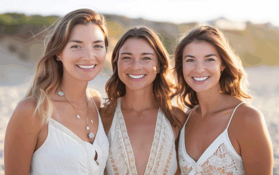 Three women smiling and standing close together on a beach. They are wearing light-colored summer dresses and have long hair. The background features sandy dunes and some vegetation under a clear sky, suggesting a warm, sunny day.