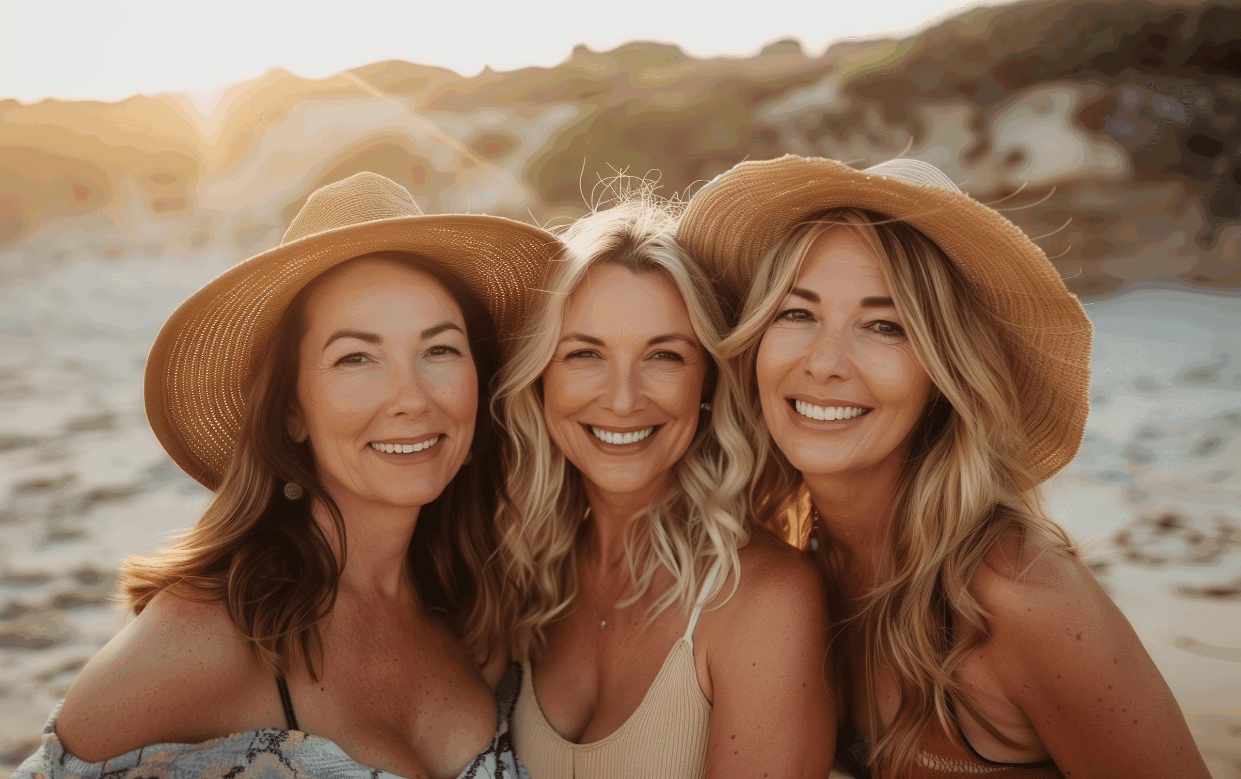 Three women, all smiling, stand close together on a sandy beach at sunset. They are wearing wide-brimmed straw hats and casual summer clothing. The sun is shining brightly in the background, casting a warm, golden light over the scene. The women appear happy and relaxed, enjoying their time outdoors by the ocean. The background includes a mix of sand, rocks, and vegetation.